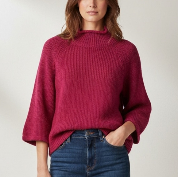 Ann Taylor Loft Fuchsia Pink Half Sleeve Chunky Knit Mock Neck Sweater Sz XS - Picture 1 of 13
